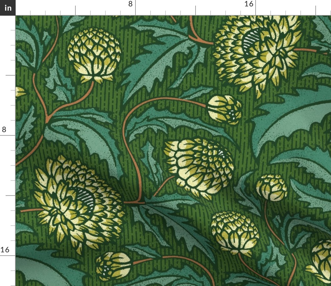 Chrysanthemum Wood Block Print - Satured Green - Victorian Garden Flowers