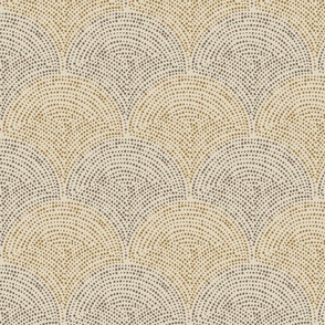 Block print style pattern of gold and charcoal gray dots in a shell design. (Medium)