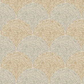 Block print style pattern of gold and winter blue dots in a shell design. (Medium)