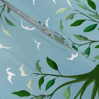 Soaring white birds surreally morph and emerge from the leaves of trees, green on sky blue background