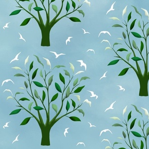 Soaring white birds surreally morph and emerge from the leaves of trees, green on sky blue background