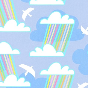 Surrealist retro rainbow rain on Optimistic Blue Sky with clouds and birds 1.