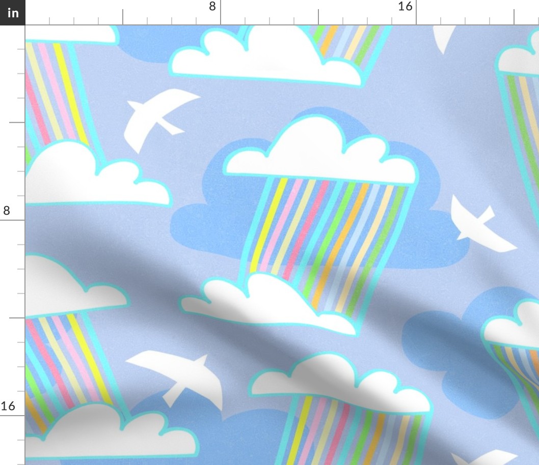 Surrealist retro rainbow rain on Optimistic Blue Sky with clouds and birds 1.