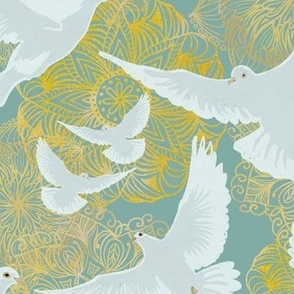 doves of serenity and mandalas of sacred spaces - Meditation room decor 12”  repeat on sage teal dusky blue