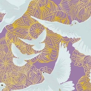 doves of serenity and golden ombre mandalas of sacred spaces - Meditation room decor 12”repeat on deep lilac