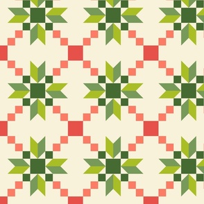 Red and Green Christmas Star Cheater Quilt, Geometric, Noel, Quilt Block Fabric