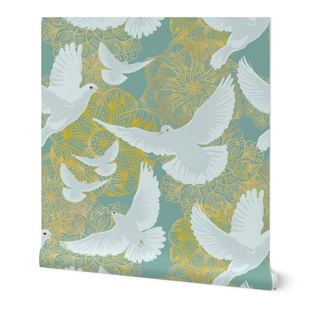 doves of serenity and golden ombre mandalas of sacred spaces - Meditation room decor 18” ”repeat on sage teal dusky blue
