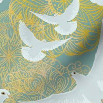 doves of serenity and golden ombre mandalas of sacred spaces - Meditation room decor 18” ”repeat on sage teal dusky blue