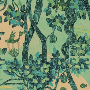 Ex Libris Surrealist Wallpaper hue green and orange 26.67"