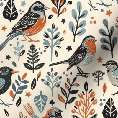 British wild birds and woodland foliage in vintage colours