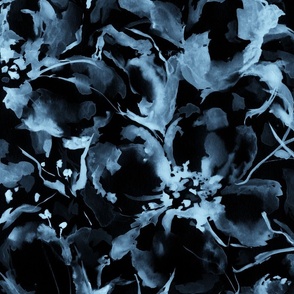 xl - Loose waterclor abstract florals - smoky noir aesthetic - black and blue gray