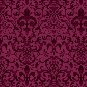 Fleur de Lis Damask Pattern French Linen Style Dark Mood Dark Burgundy  Medium Scale