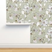 white floral on sage green / flowers / watercolor 