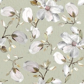 white floral on sage green / flowers / watercolor 