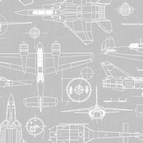 Medium Scale / Aircraft Blueprint / Cool Grey Linen Textured Background