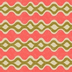 Wavy ogee bohemian stripes 6x6 chartreuse green and melon red pink