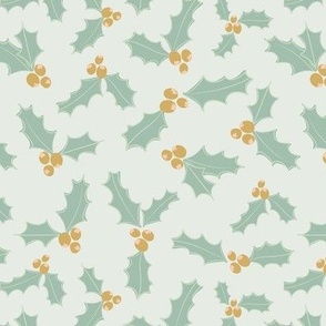 Mint Holly Leaves and Berries Christmas Fabric