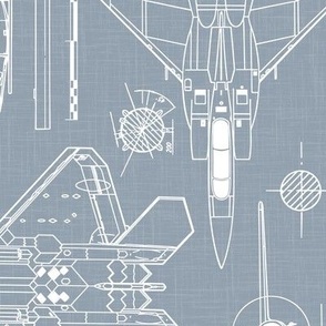 Large Scale / Rotated / Aircraft Blueprint / Dusty Blue Linen Textured Background