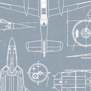 Large Scale / Aircraft Blueprint / Dusty Blue Linen Textured Background