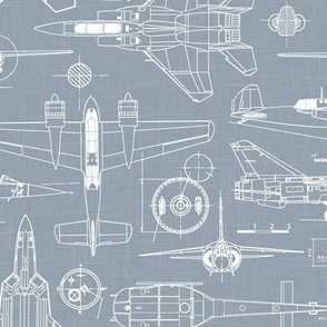Medium Scale / Aircraft Blueprint / Dusty Blue Linen Textured Background