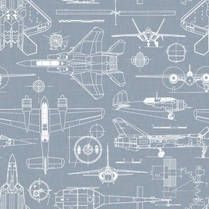 Small Scale / Aircraft Blueprint / Dusty Blue Linen Textured Background