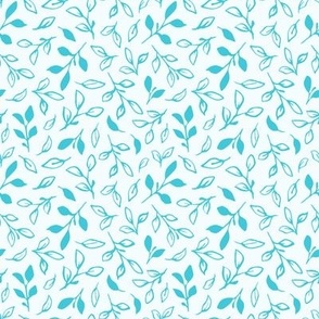 Multidirectional Tossed Leaf Sprigs and Branches - Aqua Blue - Small Scale - Hand-Drawn Ditsy Botanical for Cottagecore, Summer, and Wedding Styles