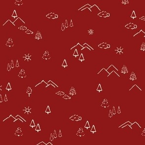 Hand painted mountain landscape with trees crimson red
