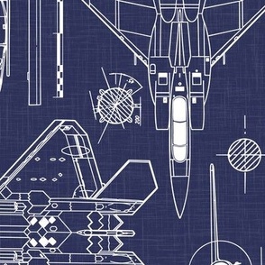 Large Scale / Rotated / Aircraft Blueprint / Linen Textured Navy Background