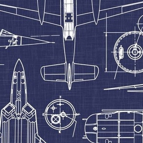 Large Scale / Aircraft Blueprint / Navy Linen Textured Background