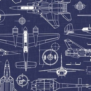 Medium Scale / Aircraft Blueprint / Navy Linen Textured Background