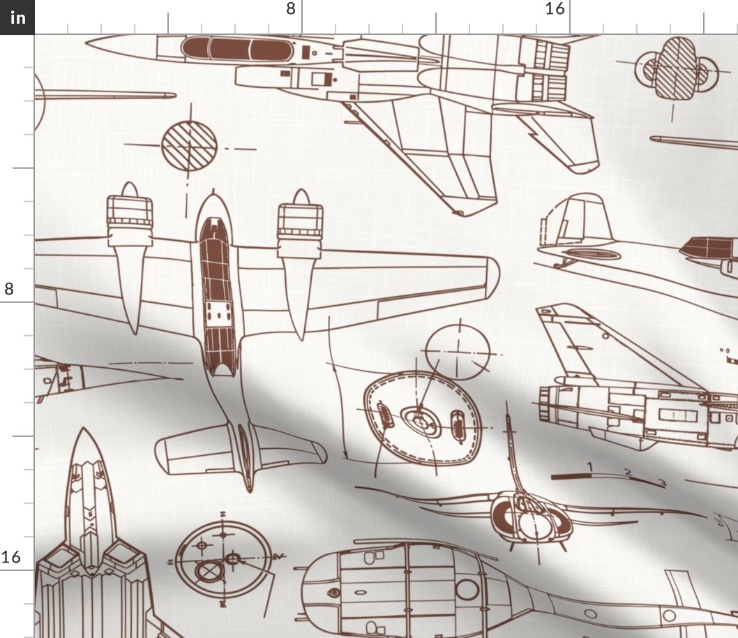 Medium Scale / Aircraft Blueprint / Off-White Linen Textured Background