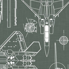 Large Scale / Rotated / Aircraft Blueprint / Moss Green Linen Textured Background