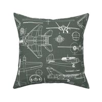 Large Scale / Aircraft Blueprint / Moss Green Linen Textured Background