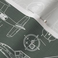 Medium Scale / Aircraft Blueprint / Moss Green Linen Textured Background
