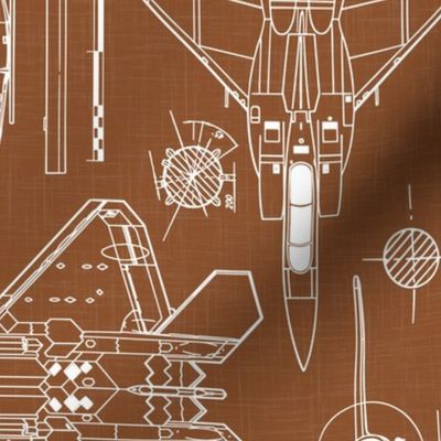 Large Scale / Rotated / Aircraft Blueprint / Rust Linen Textured Background