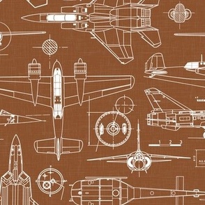 Medium Scale / Aircraft Blueprint / Rust Linen Textured Background