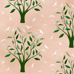 Soaring white birds surreally morph and emerge from the leaves of trees, green on peach pink background
