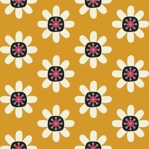 Atomic Blossoms // medium print // Pearl White Retro Flowers on Golden Marquee