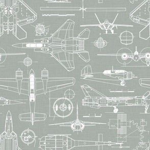 Small Scale / Aircraft Blueprint / Sage Linen Textured Background