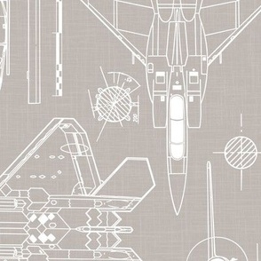 Large Scale / Rotated / Aircraft Blueprint / Warm Grey Linen Textured Background
