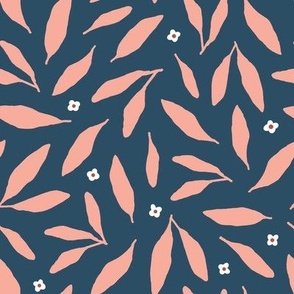 navy blue & pink leaves and small white flowers - large - modern botanical ditsy for home decor