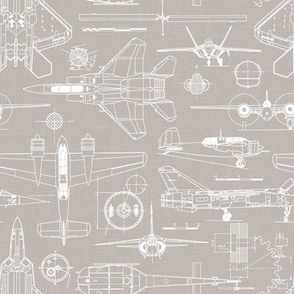 Small Scale / Aircraft Blueprint / Warm Grey Linen Textured Background