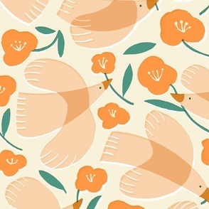 Naturalistic Gardenia Birds of Pigeon Vintage Flowers Orange // Large