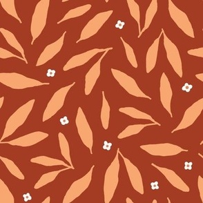 orange & brown leaves and small white flowers - large - modern botanical ditsy for home decor