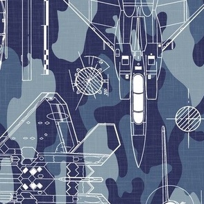 Large Scale / Rotated / Aircraft Blueprint / Navy Blue Camouflage Linen Textured Background