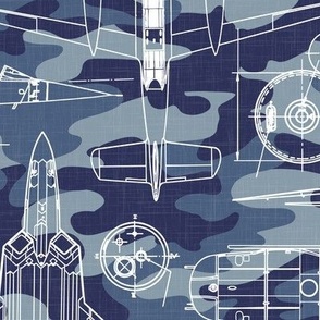 Large Scale / Aircraft Blueprint / Navy Blue Camouflage Linen Textured Background