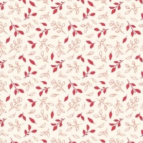 cream & pink inked leaves and branches ditsy - micro - romantic botanical