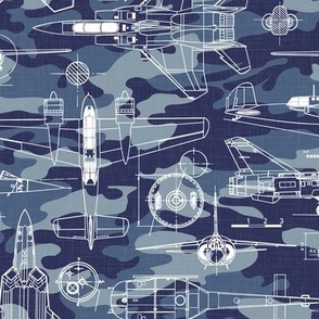 Medium Scale / Aircraft Blueprint / Navy Blue Camouflage Linen Textured Background