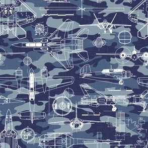 Small Scale / Aircraft Blueprint / Navy Blue Camouflage Linen Textured Background