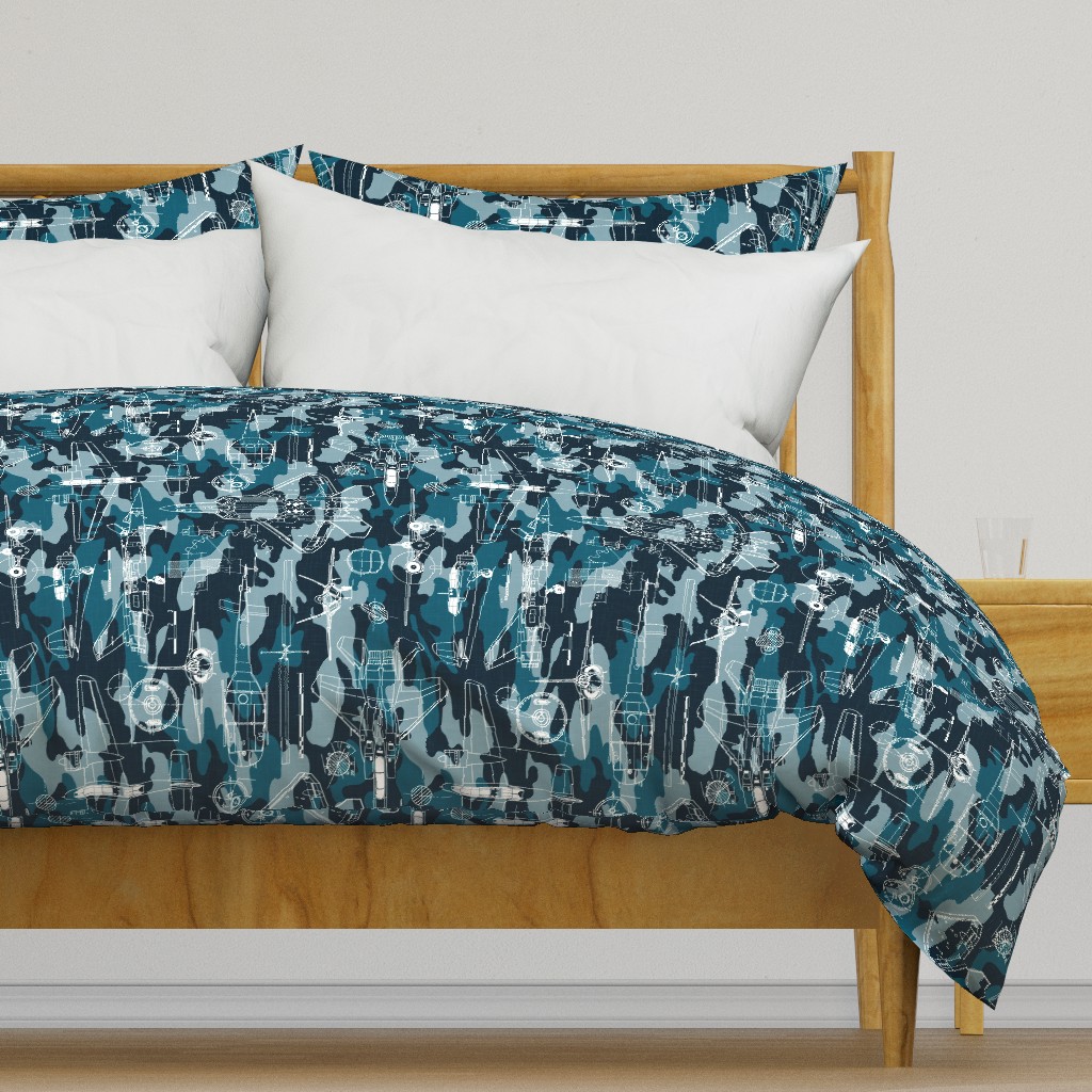 Large Scale / Rotated / Aircraft Blueprint / Petrol Teal Blue Camouflage Linen Textured Background